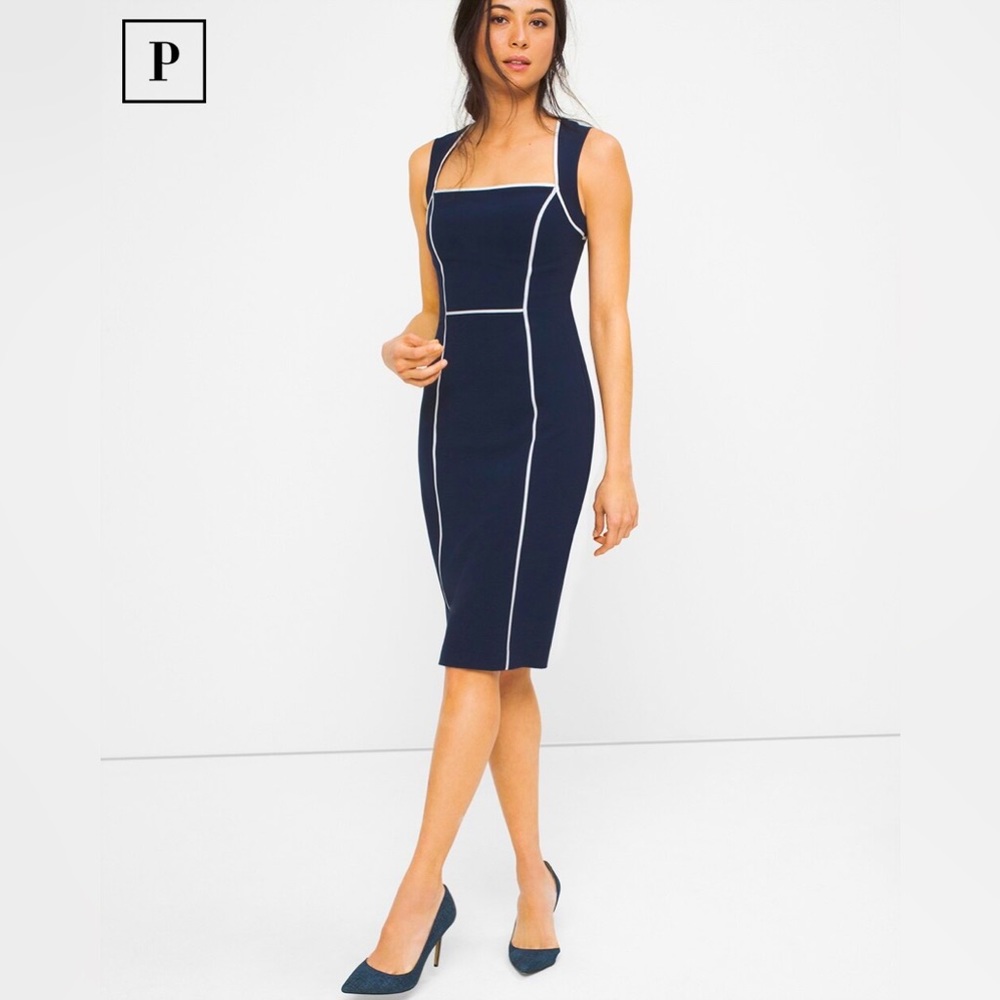 Contrast Trim Sheath Dress White House Black Market Navy Business Workwear 10